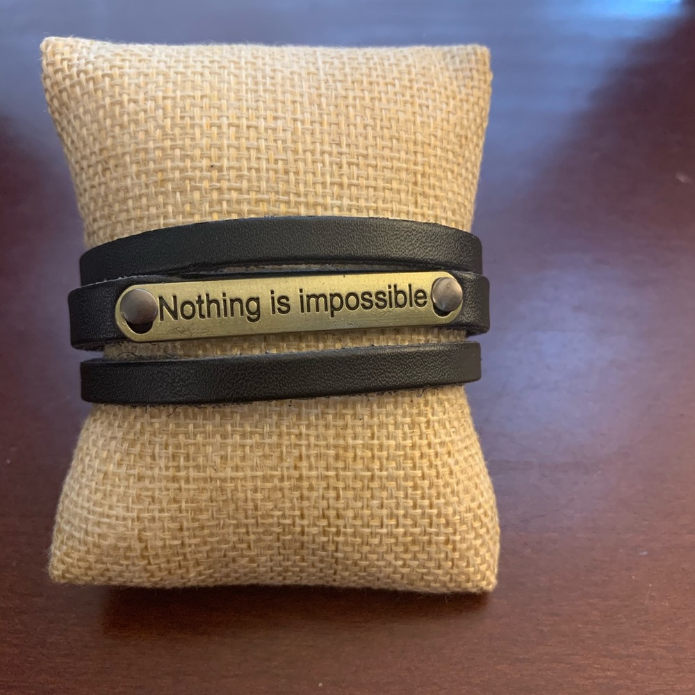 Unisex black leather “nothing is impossible” bracelet
